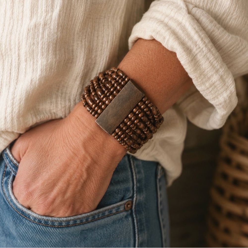 Vintage Multi-Strand Wooden Bead Stretch Cuff Bracelet Wide Boho Statement